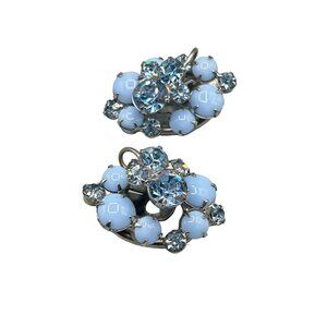 Vintage Juliana D&E Clip On Earrings with Blue Rhinestones & Cabochons